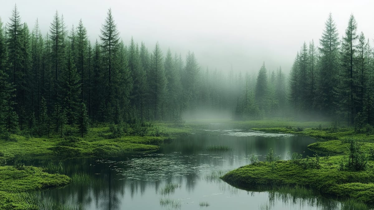 Foggy Canadian peat bog with dense layers of moss and wetland vegetation, illustrating the natural source of Aurora Peat professional mix.